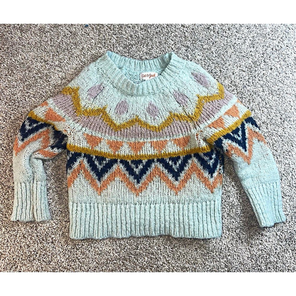 Cat & Jack Girls Crewneck Geometric Knit Cotton Sweater XS Blue Pink Navy Ski